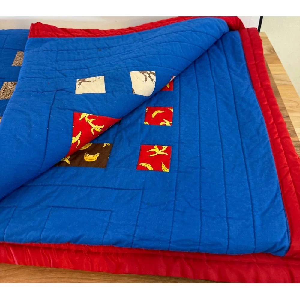 Large Handmade Sock Monkey Patchwork Quilt Blue Red Banana Theme Throw Blanket